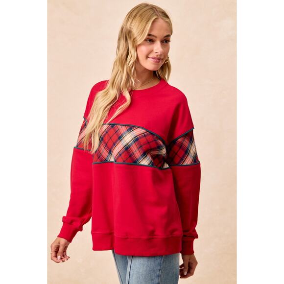 BIBI Red Black Christmas Plaid Block Sweatshirt with Binding NEW Medium - Picture 4 of 10